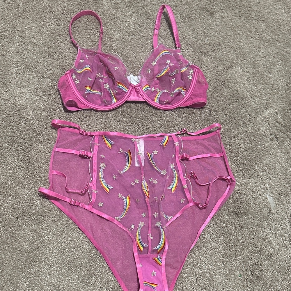 Sheer Pink Embroidered Rainbow Bra & High-Waist Brief Set